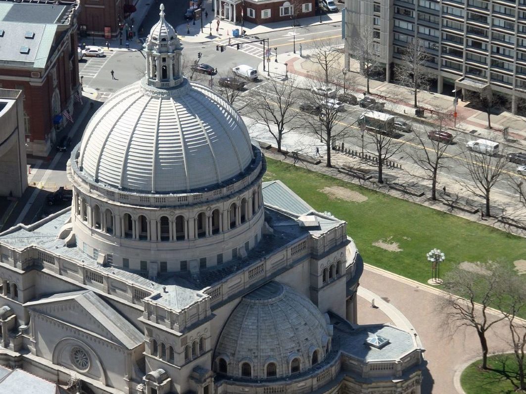 aerial view of the first church of christ scientist in boston, MA.